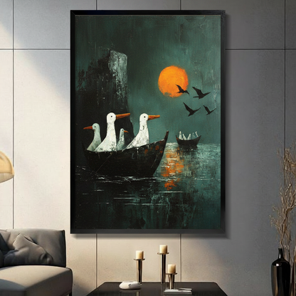 Geese Boat Orange Moon Dark Canvas Art Wall Art