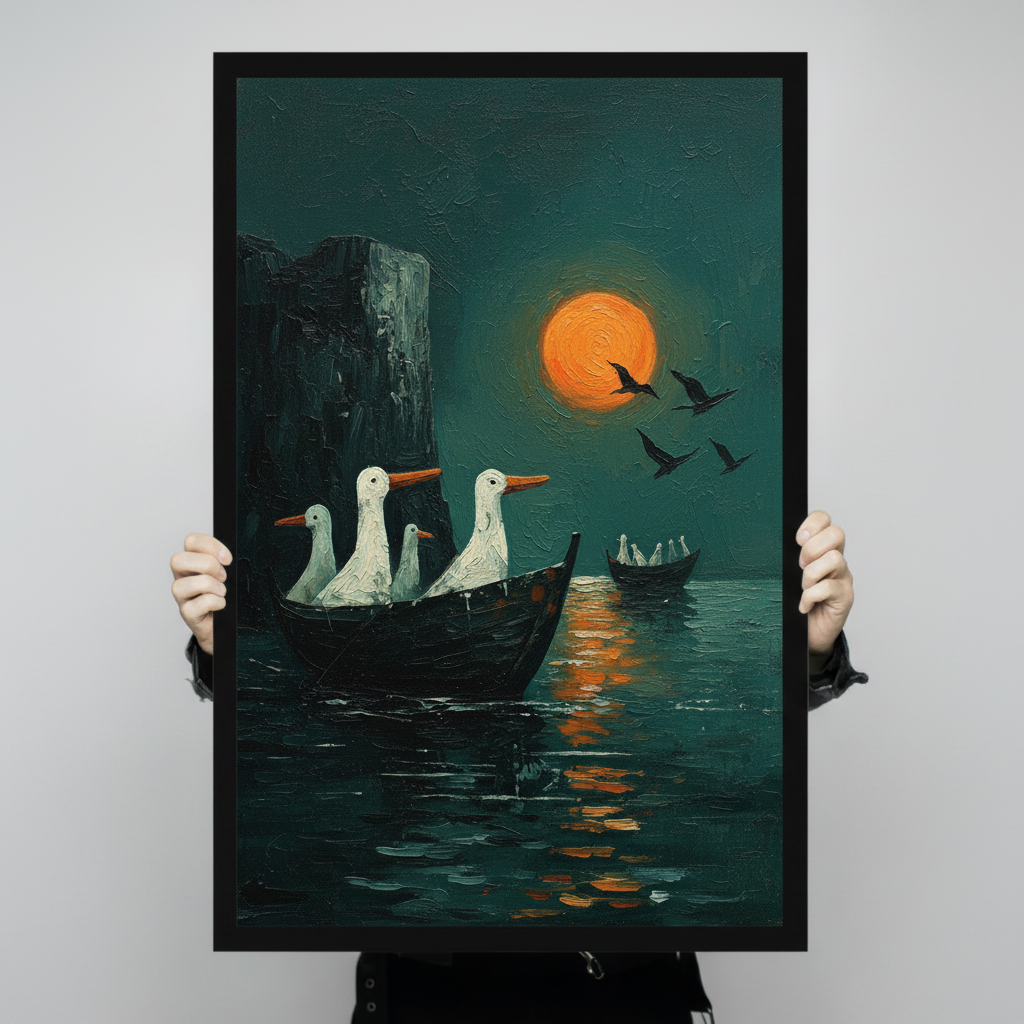 Geese Boat Orange Moon Dark Canvas Art Wall Art