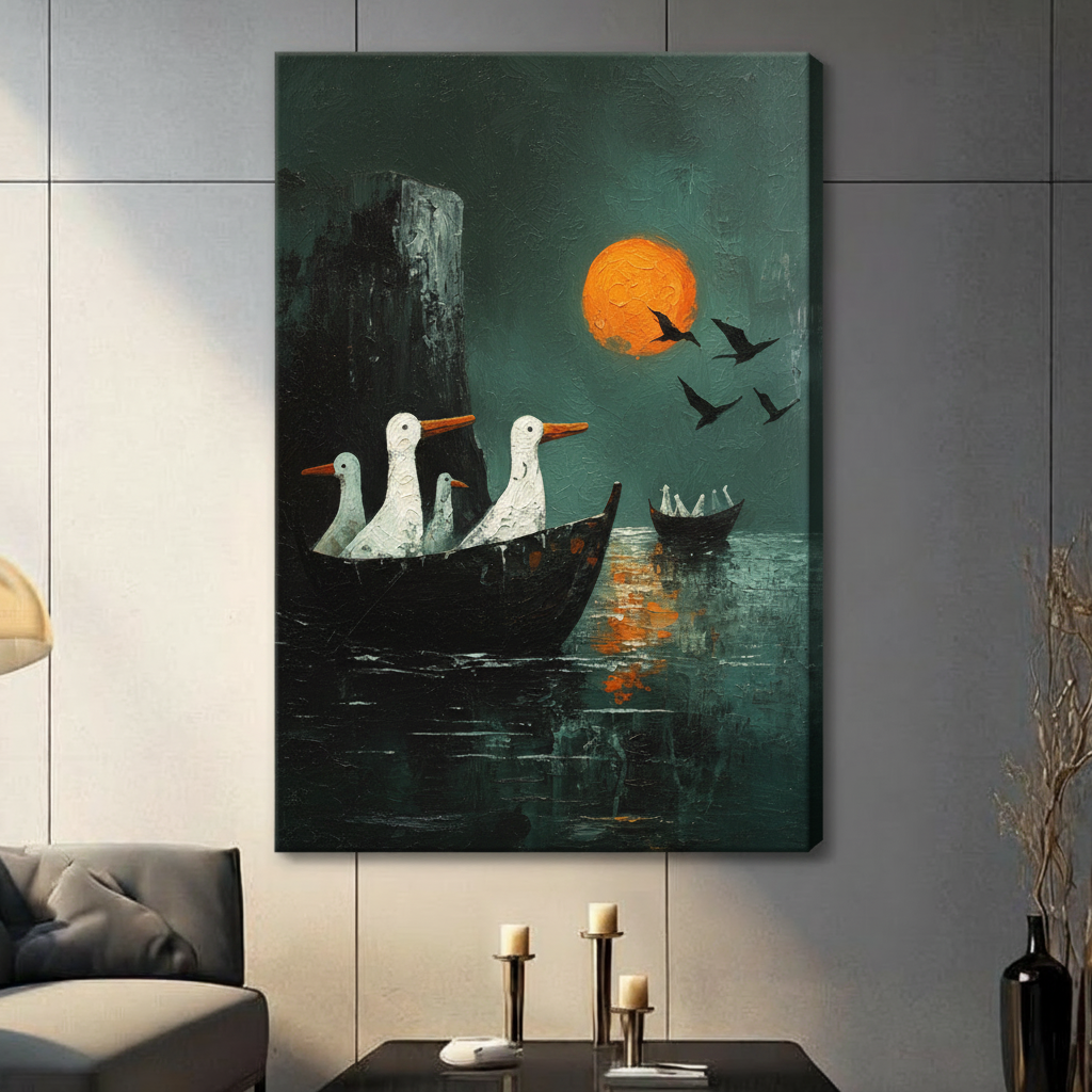 Geese Boat Orange Moon Dark Canvas Art Wall Art