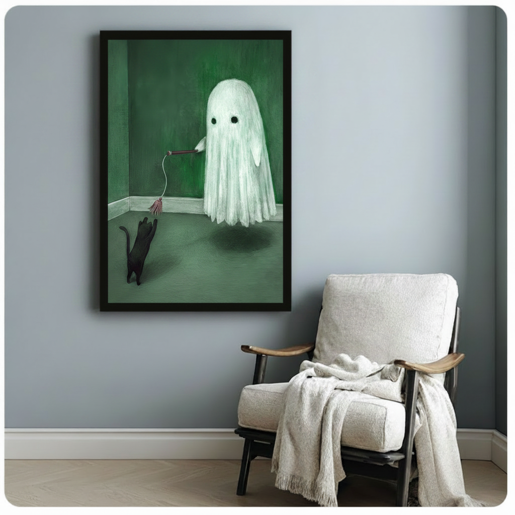 Ghost Playing with Black Cat Canvas Art Wall Art
