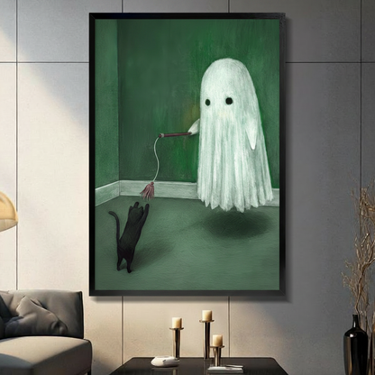 Ghost Playing with Black Cat Canvas Art Wall Art
