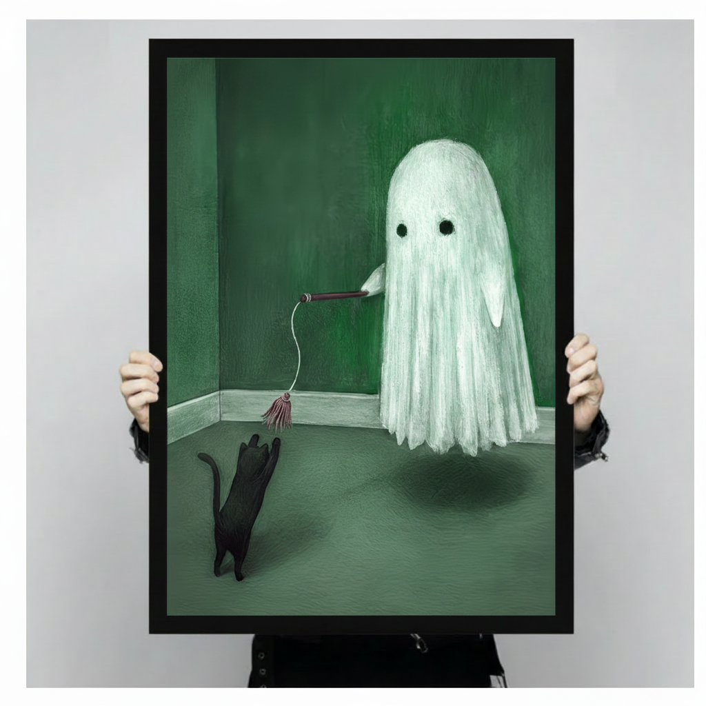 Ghost Playing with Black Cat Canvas Art Wall Art