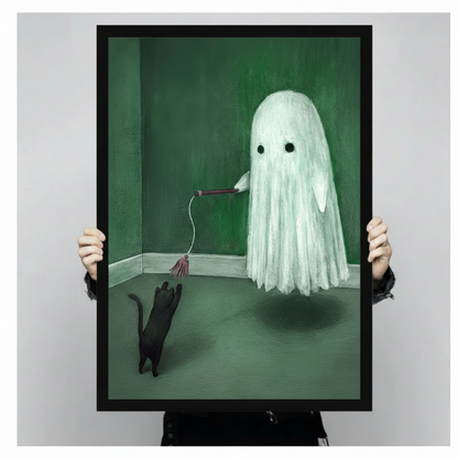 Ghost Playing with Black Cat Canvas Art Wall Art