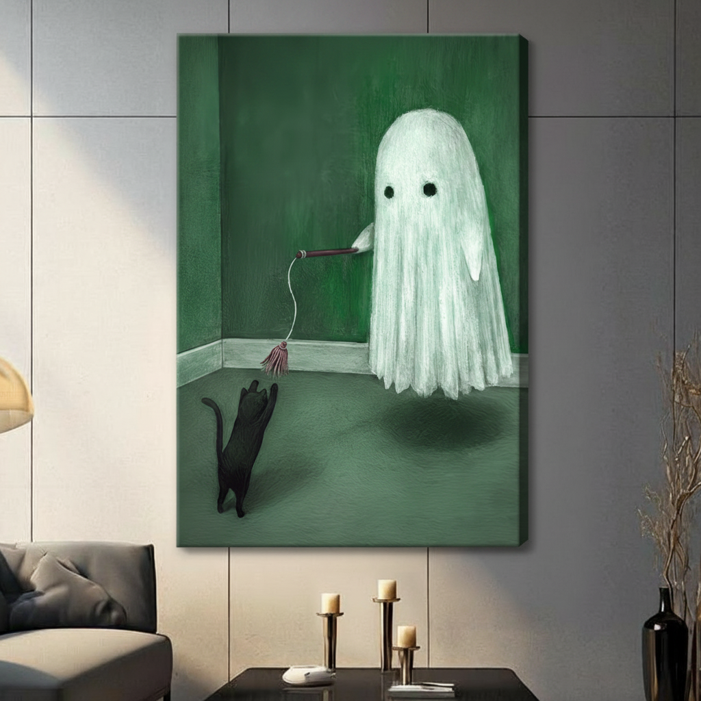 Ghost Playing with Black Cat Canvas Art Wall Art