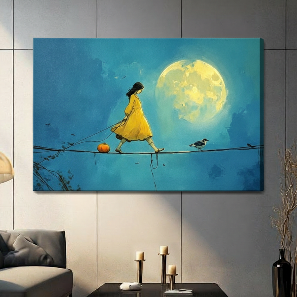 Moonlit Girl Tightrope Whimsical Canvas Wall Art