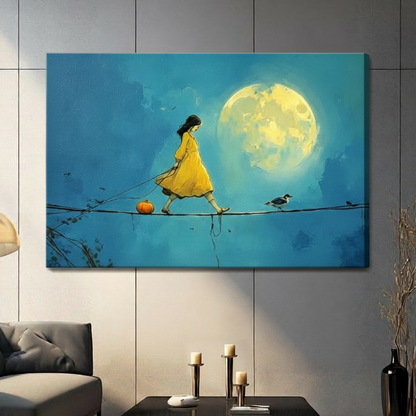 Moonlit Girl Tightrope Whimsical Canvas Wall Art