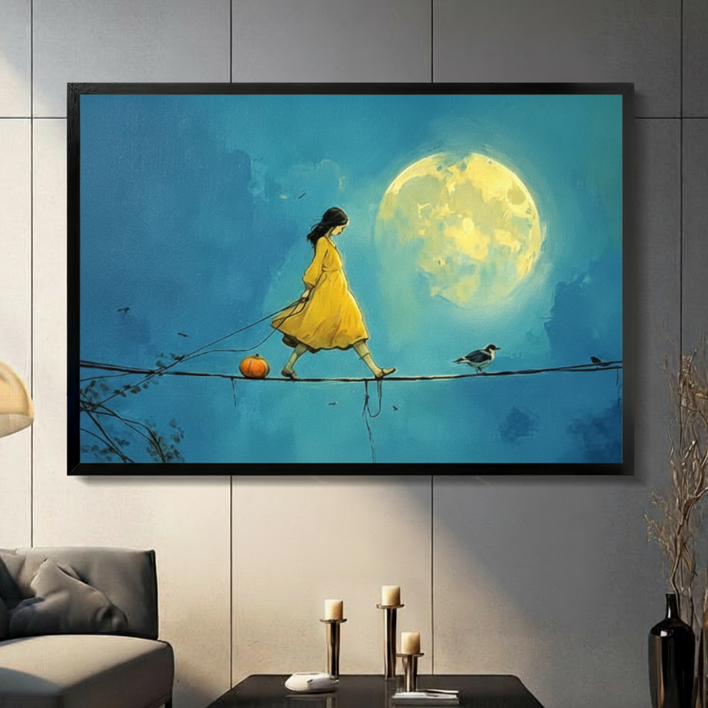 Moonlit Girl Tightrope Whimsical Canvas Wall Art