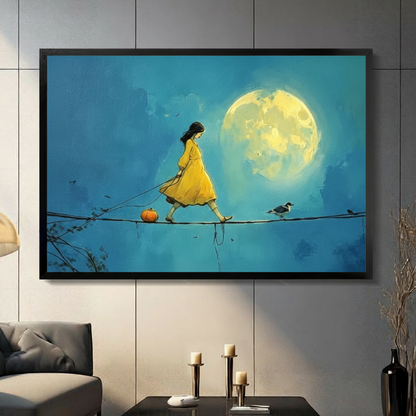 Moonlit Girl Tightrope Whimsical Canvas Wall Art