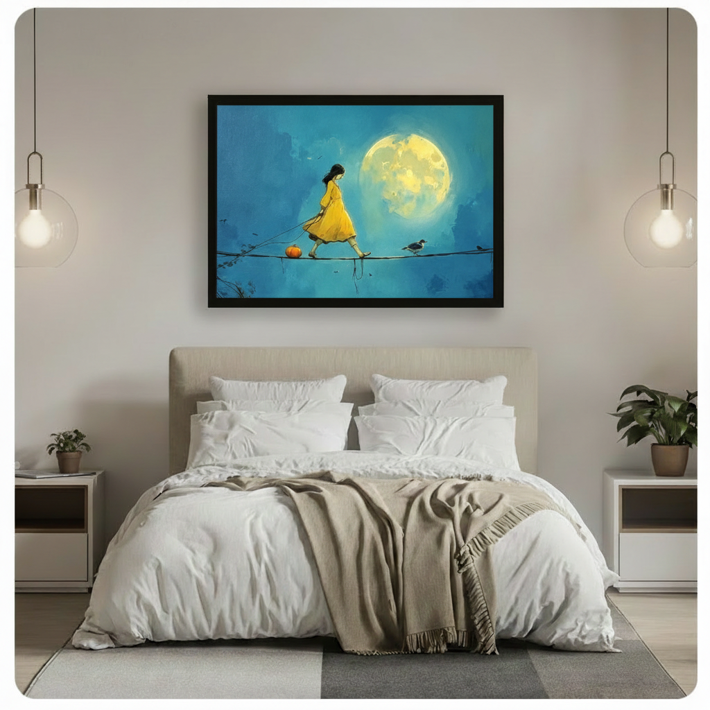 Moonlit Girl Tightrope Whimsical Canvas Wall Art