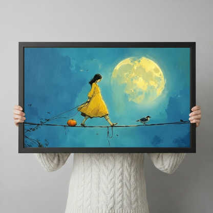 Moonlit Girl Tightrope Whimsical Canvas Wall Art