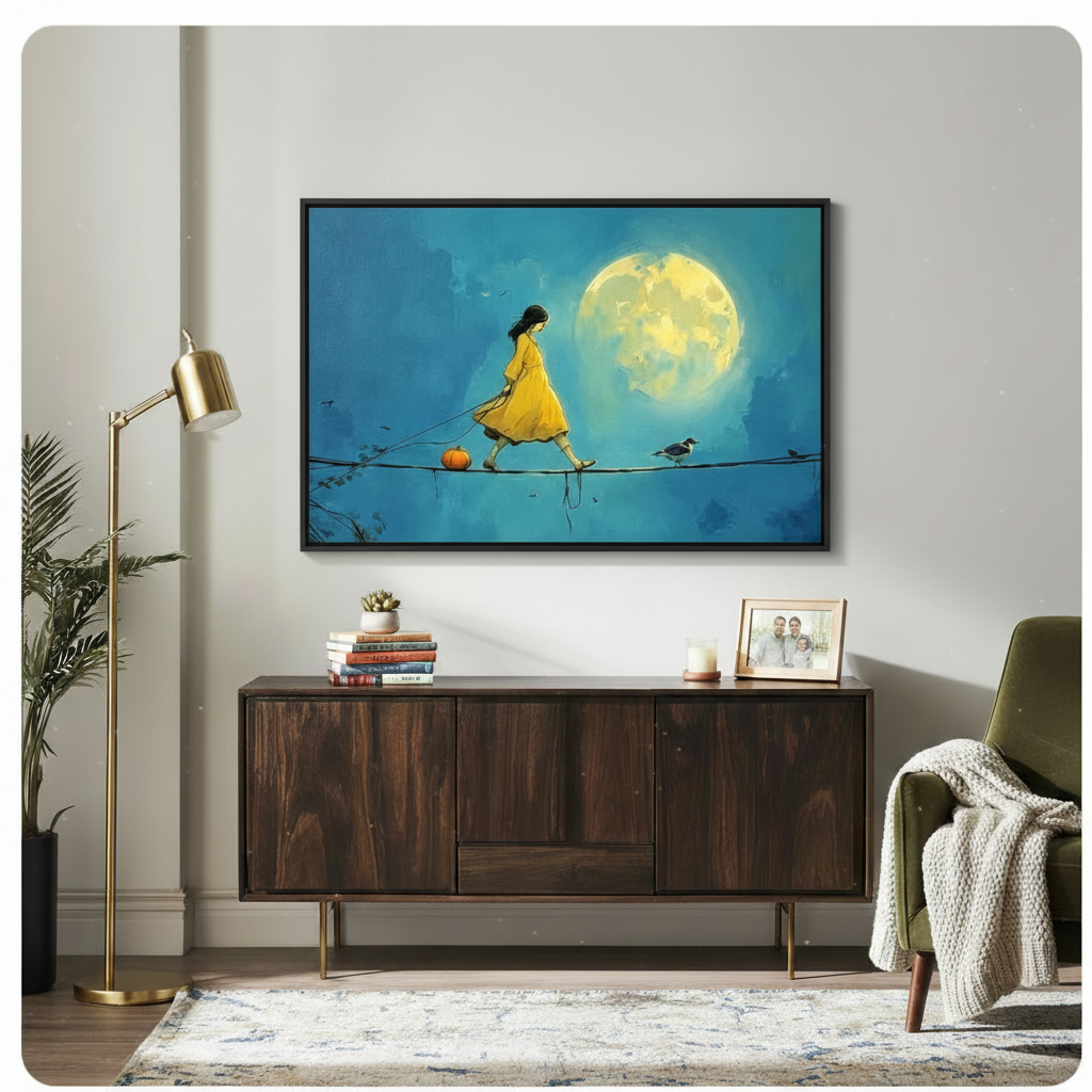 Moonlit Girl Tightrope Whimsical Canvas Wall Art