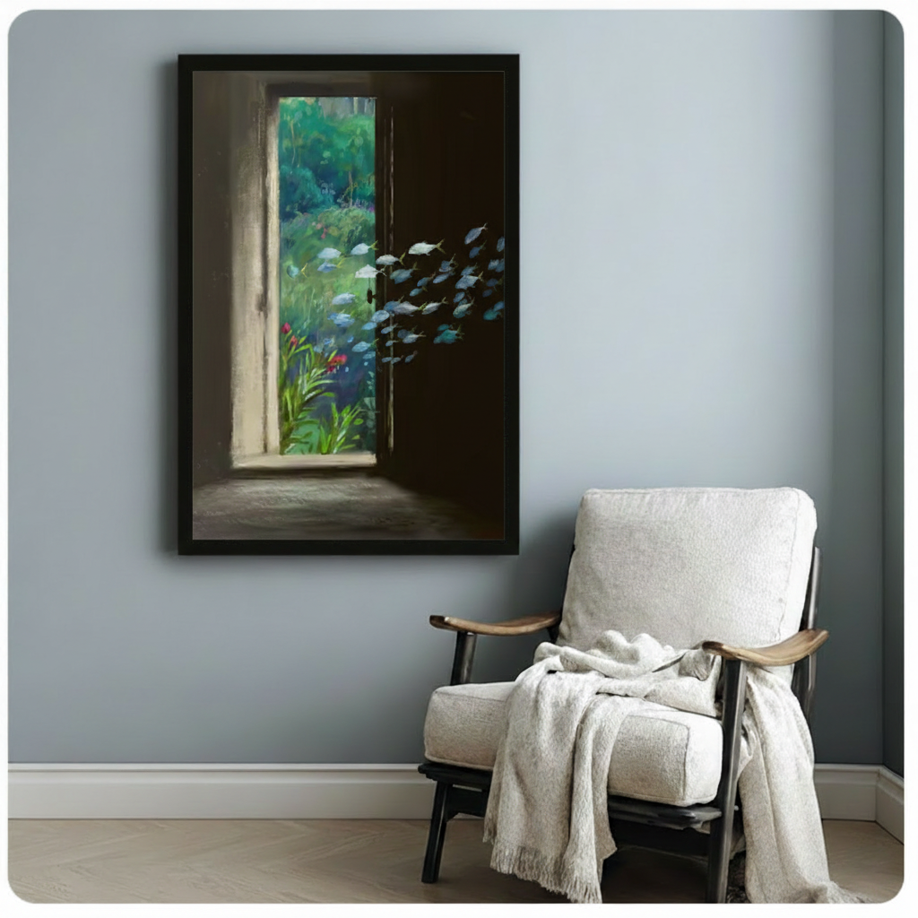 Surreal Door Fish Garden Framed Canvas Wall Art