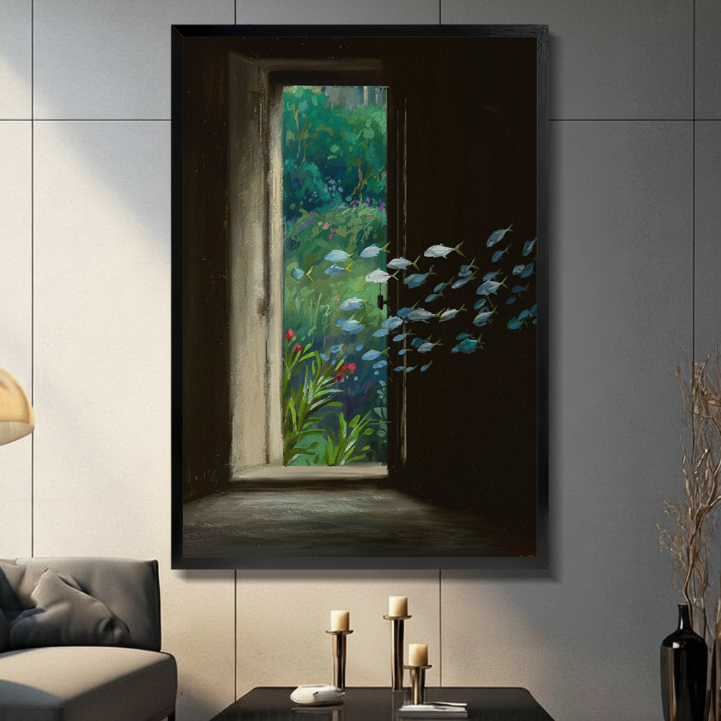 Surreal Door Fish Garden Framed Canvas Wall Art