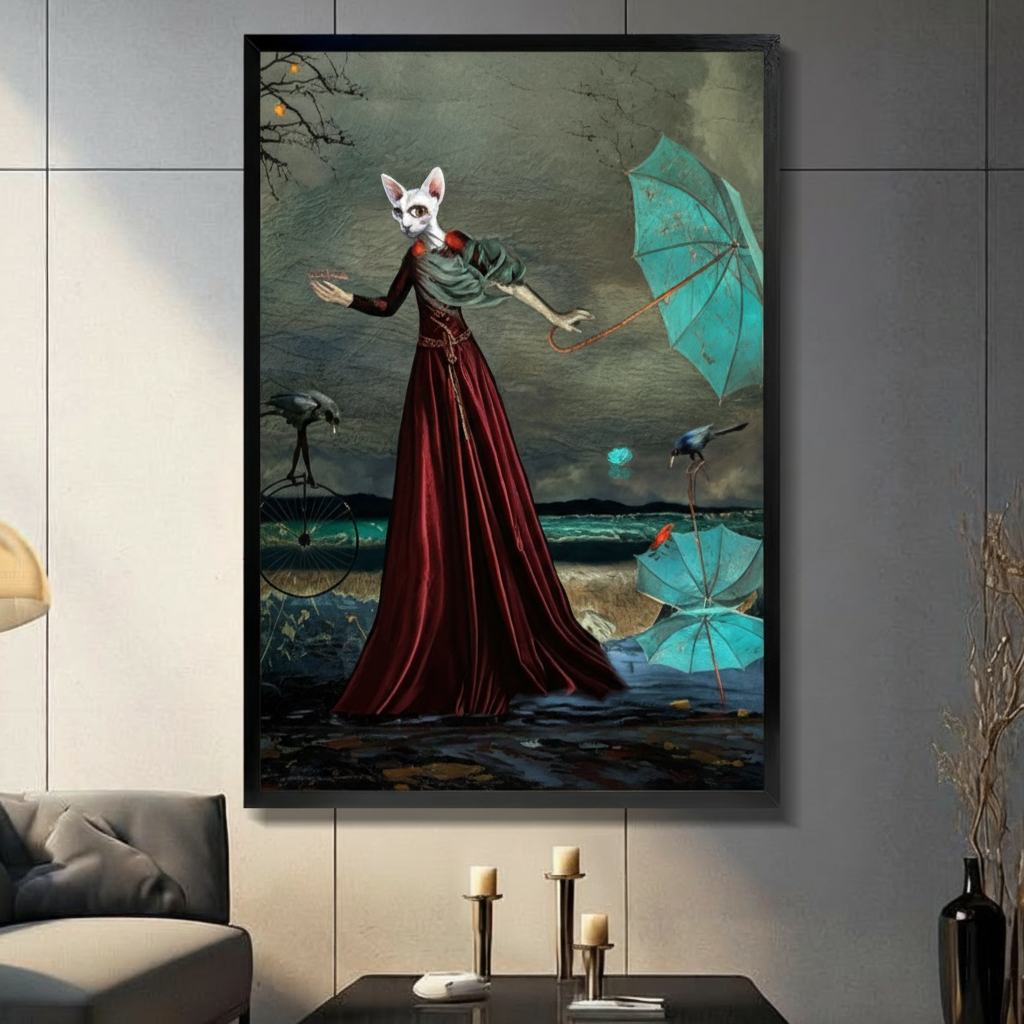 Surreal Cat Lady Storm Dark Canvas Art Wall Art