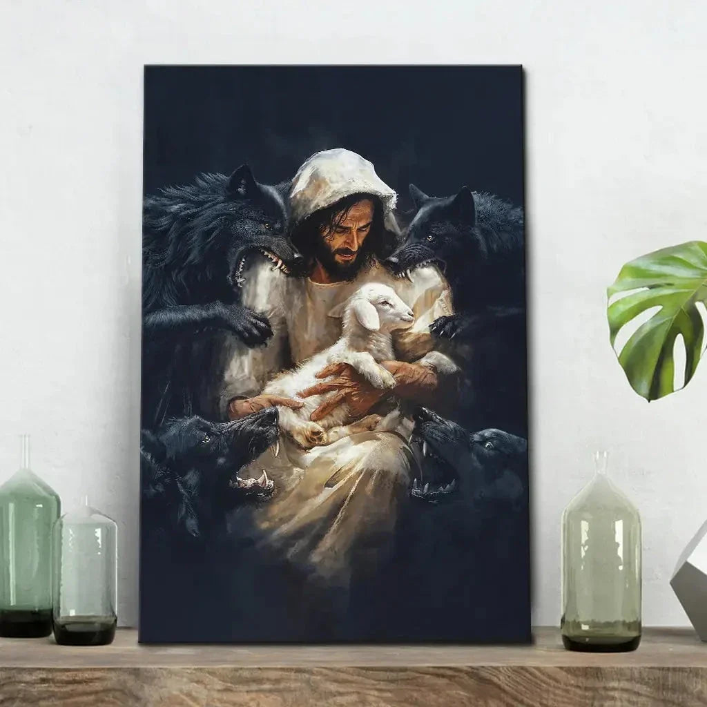 jesus the good shepherd protecting his lamb from the wolves wall art canvas print (view 5)