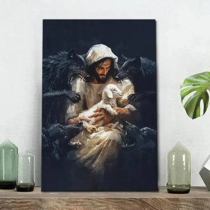 jesus the good shepherd protecting his lamb from the wolves wall art canvas print (view 5)