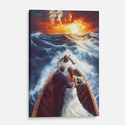 christian wall art jesus taking the wheel guiding a married couple through storms canvas (view 5)