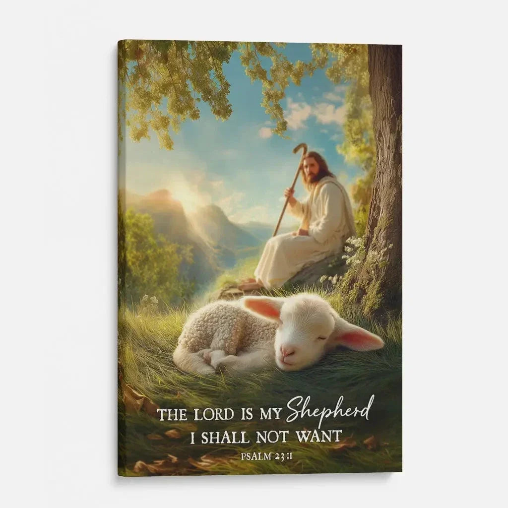 the lord is my shepherd psalm 23 1 christian wall art canvas jesus with lamb (Landscape) (view 4)