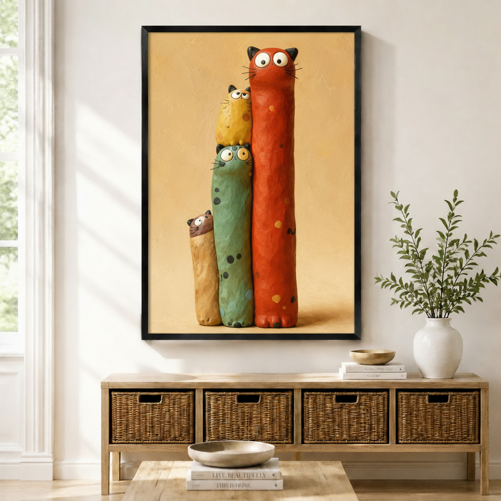 Colorful Stacked Cats Whimsical Canvas Wall Art