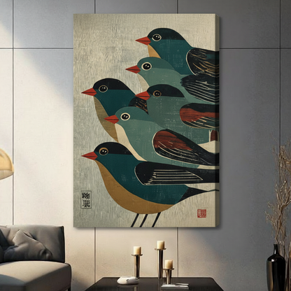 Japanese Woodblock Five Birds Canvas Art Wall Art