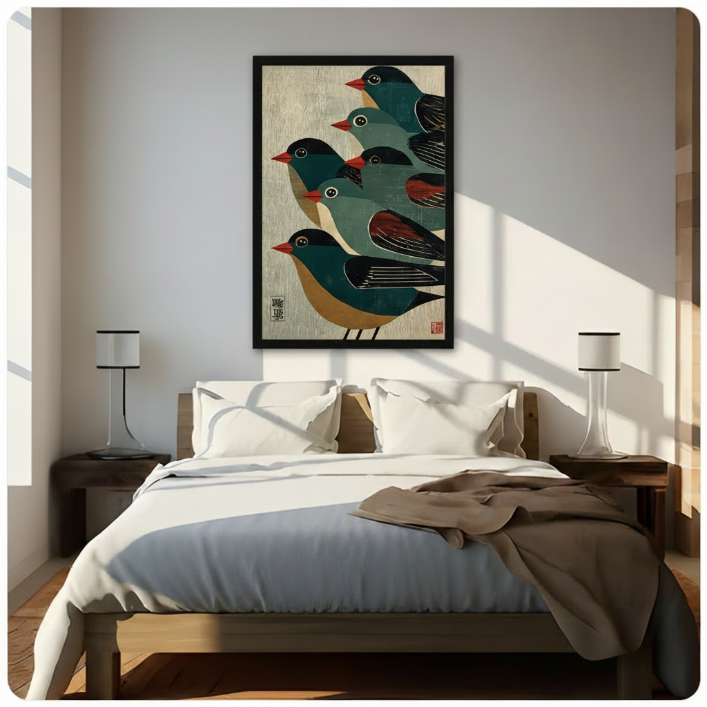 Japanese Woodblock Five Birds Canvas Art Wall Art