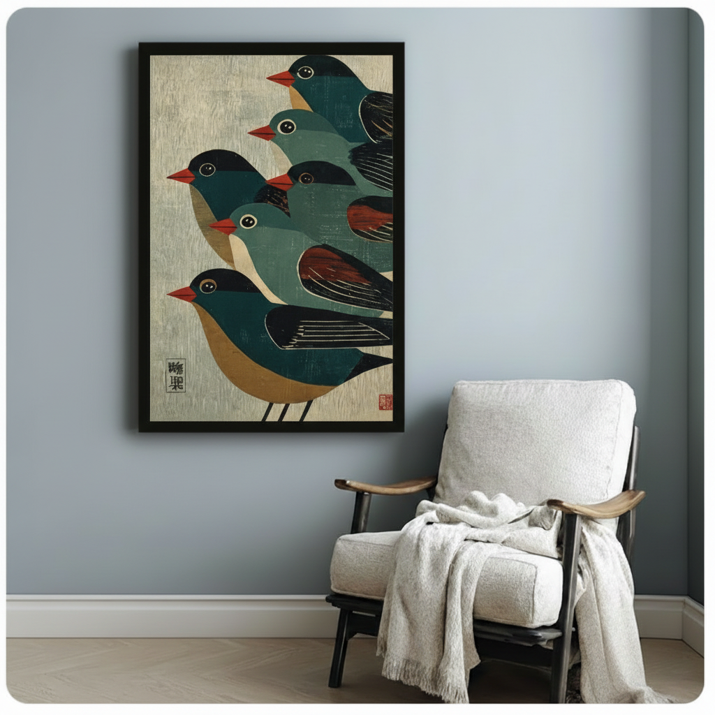 Japanese Woodblock Five Birds Canvas Art Wall Art