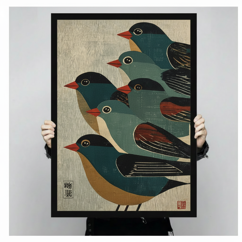 Japanese Woodblock Five Birds Canvas Art Wall Art