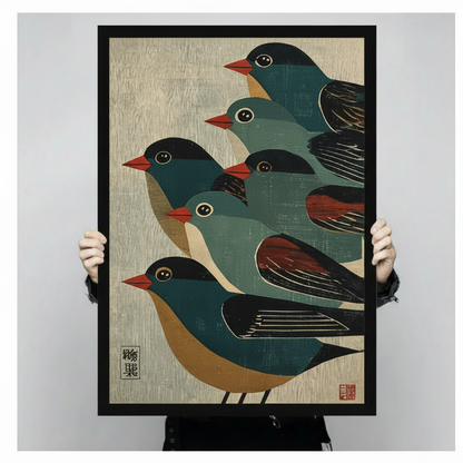 Japanese Woodblock Five Birds Canvas Art Wall Art