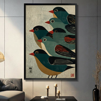 Japanese Woodblock Five Birds Canvas Art Wall Art