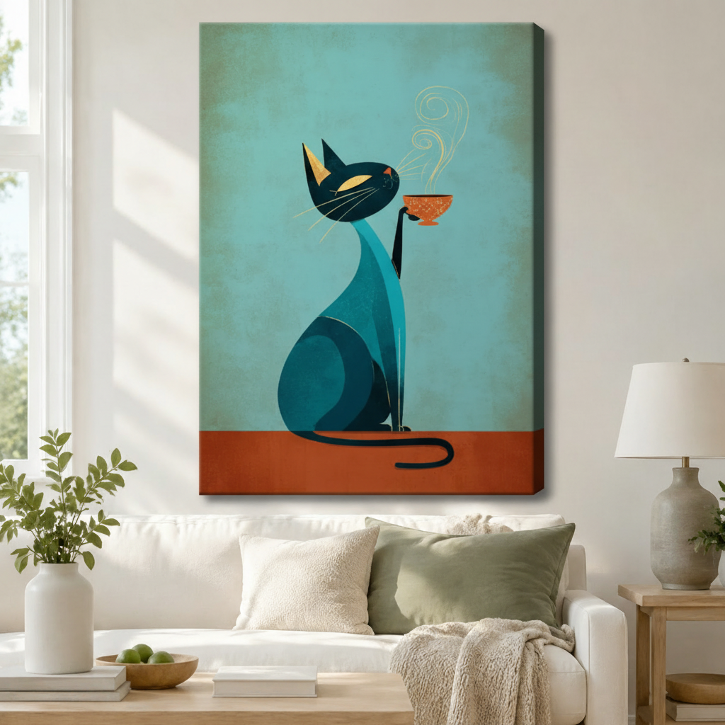 Mid-Century Cat Coffee Canvas Wall Art