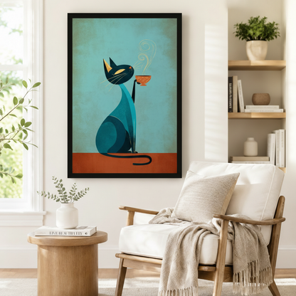 Mid-Century Cat Coffee Canvas Wall Art
