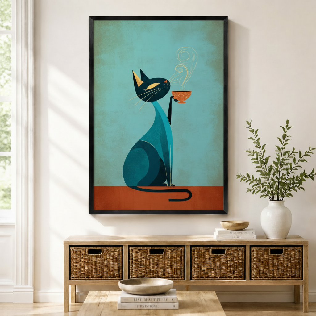 Mid-Century Cat Coffee Canvas Wall Art