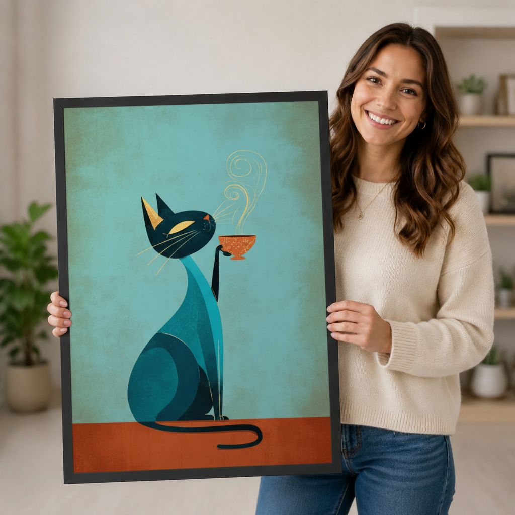 Mid-Century Cat Coffee Canvas Wall Art
