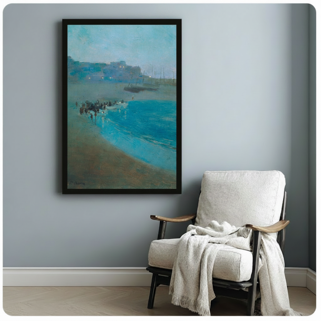 Impressionist Coastal Harbor Scene Framed Canvas Art 3075