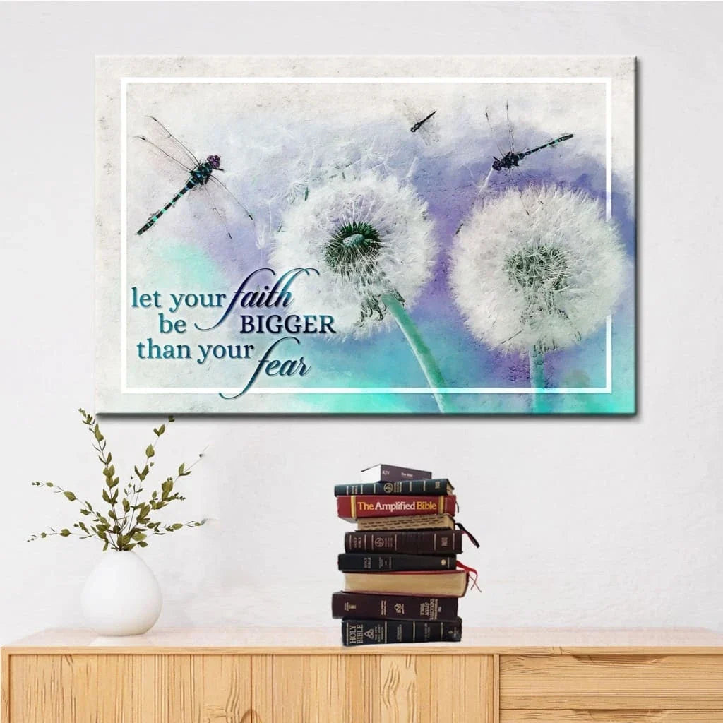 let your faith be bigger than your fear dragonfly dandelion wall art canvas (Landscape) (view 5)