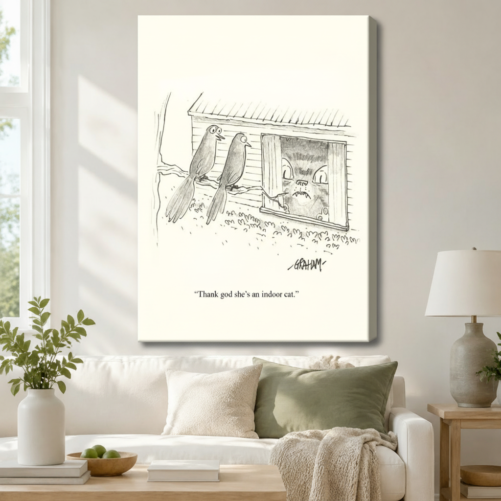 Funny Indoor Cat Bird Cartoon Canvas Wall Art