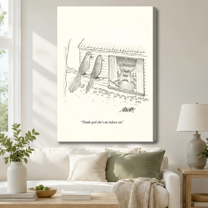 Funny Indoor Cat Bird Cartoon Canvas Wall Art