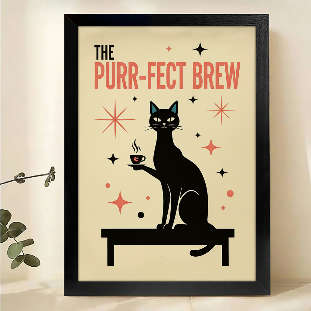 The Purr-fect Brew – Mid-Century Modern Black Cat Coffee Wall Art
