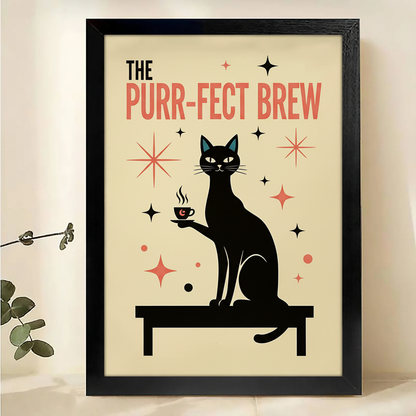 The Purr-fect Brew – Mid-Century Modern Black Cat Coffee Wall Art