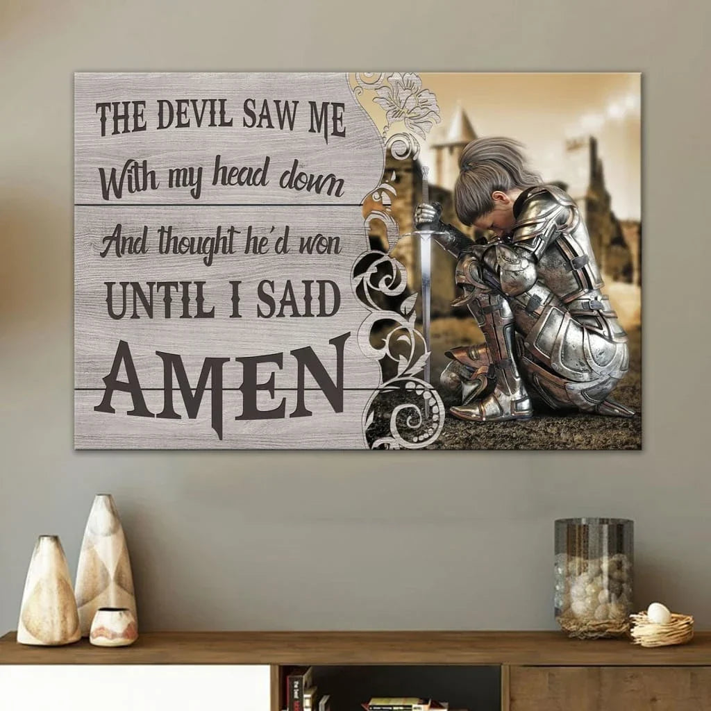 the devil saw me with my head down woman warrior of christ wall art canvas (Landscape) (view 3)