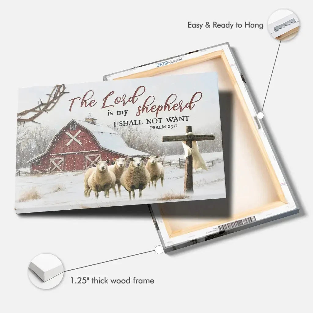 the lord is my shepherd psalm 23 1 red barn with sheep christmas wall art canvas (Landscape) (view 5)