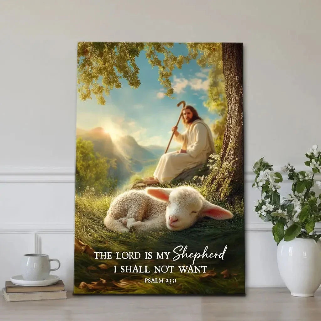 the lord is my shepherd psalm 23 1 christian wall art canvas jesus with lamb (Landscape) (view 6)