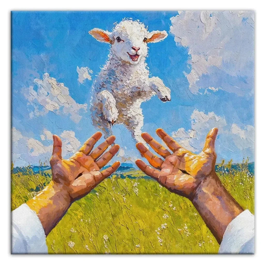 a lamb jumps into jesus arms christian wall art canvas (Landscape) (view 12)