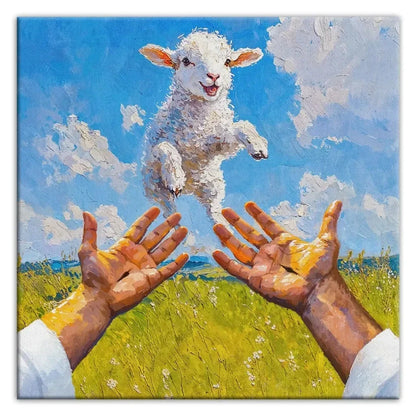 a lamb jumps into jesus arms christian wall art canvas (Landscape) (view 12)