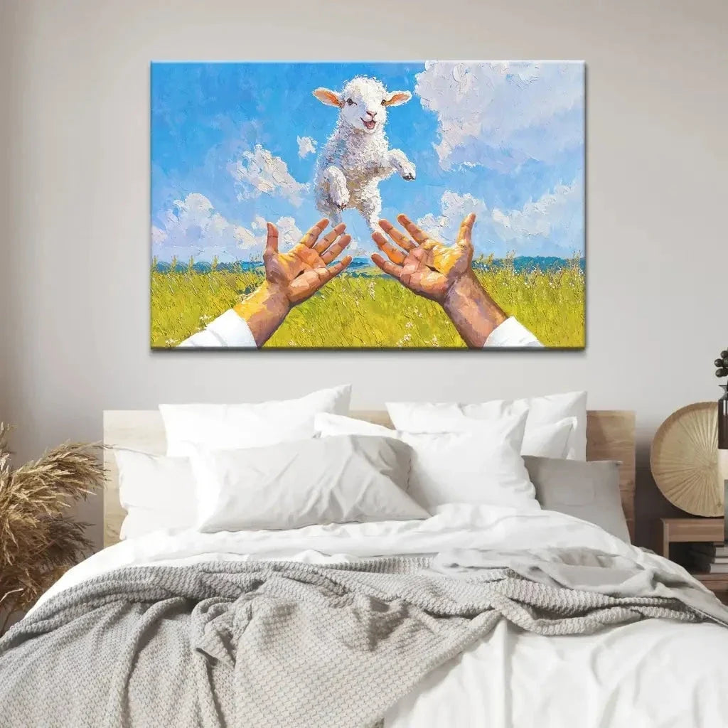 a lamb jumps into jesus arms christian wall art canvas (Landscape) (view 13)