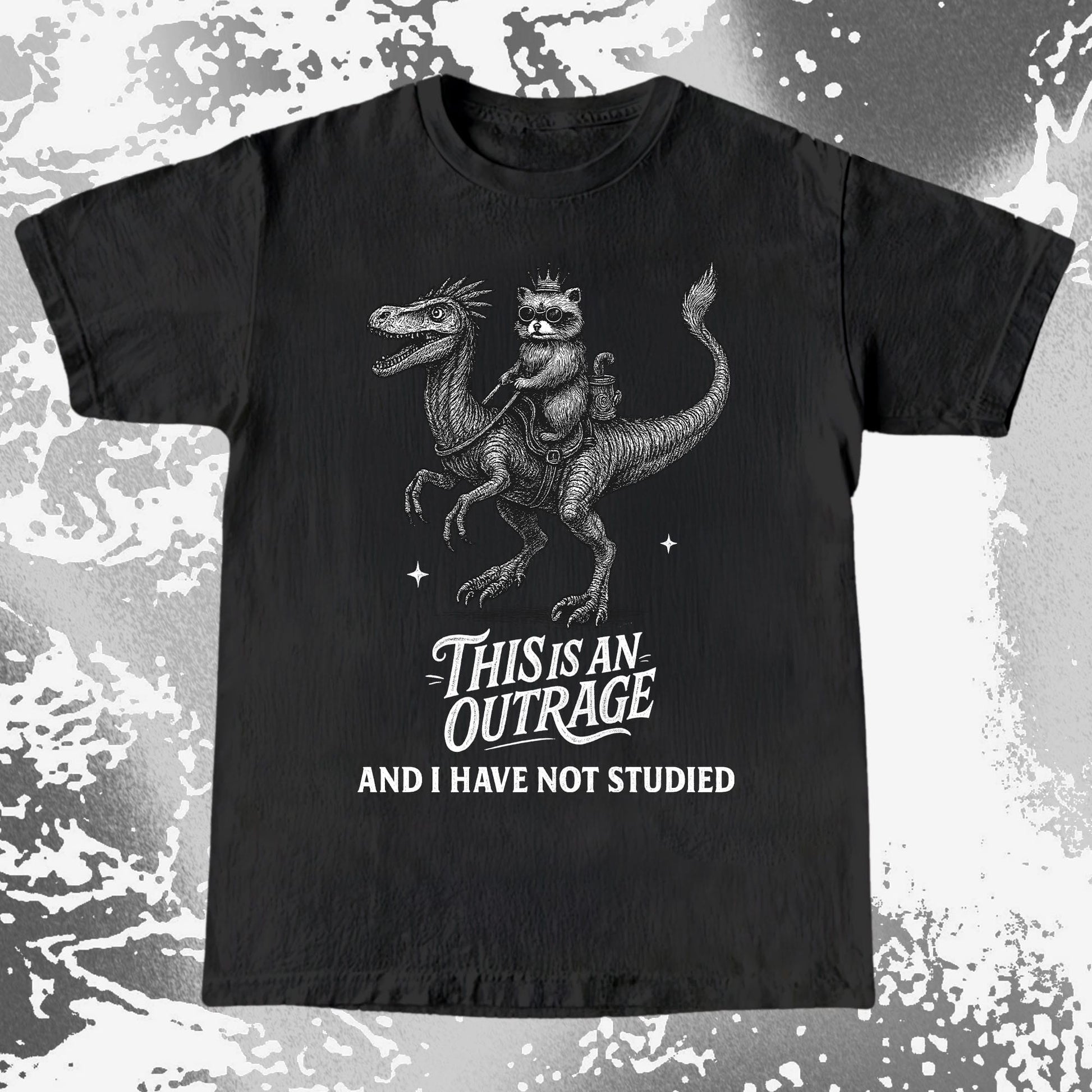 Outrage Raccoon Riding Dinosaur Funny Study, funny meme tee gift (view 2)