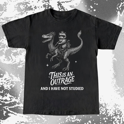 Outrage Raccoon Riding Dinosaur Funny Study, funny meme tee gift (view 2)