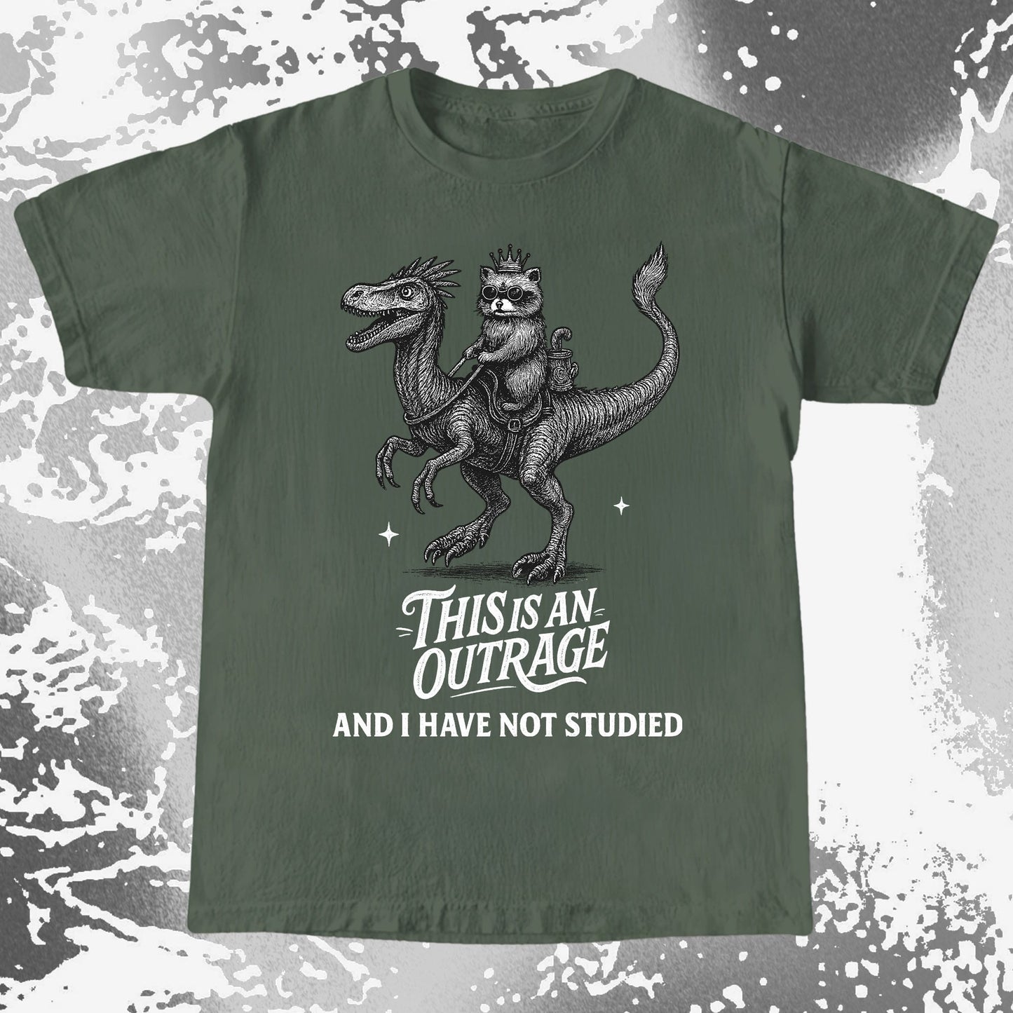 Outrage Raccoon Riding Dinosaur Funny Study, funny meme tee gift (view 4)