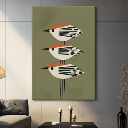 Retro Geometric Birds Trio Canvas Wall Art