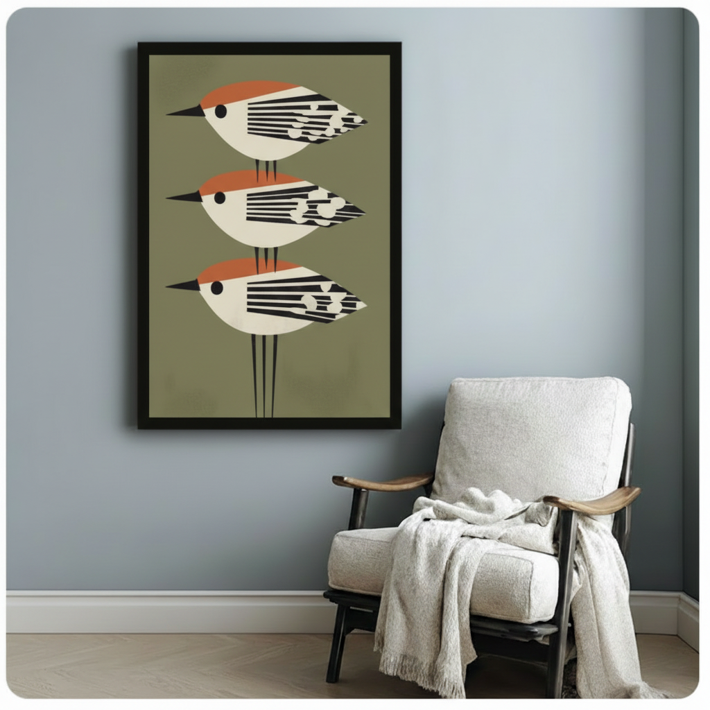 Retro Geometric Birds Trio Canvas Wall Art